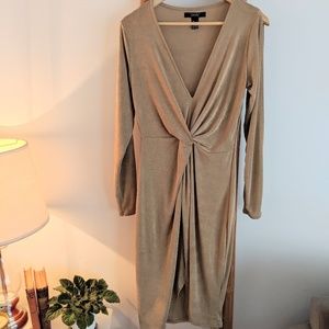 Gold drapped wrap front open sleeve